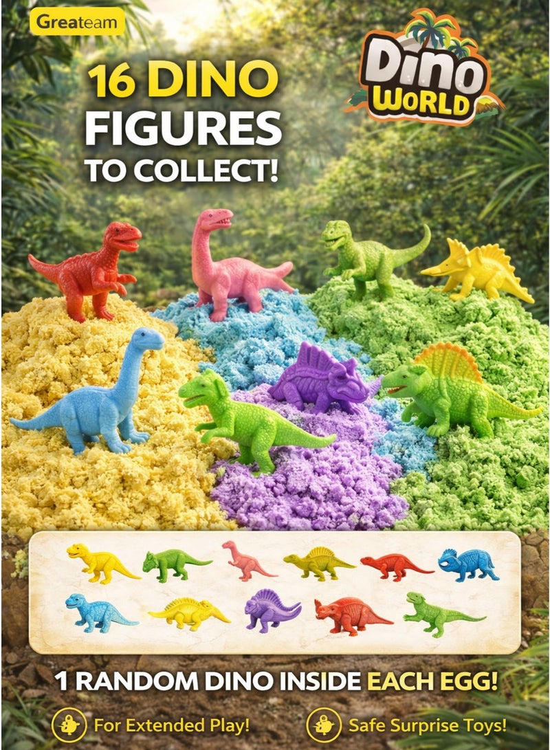 Greateam Dino World Great Sand Eggs Set of 12 PCS 118-120G Flowing Kinetic Sand with 1 Surprise Dinosaur Figure Inside Each Egg 4 Colors (Blue Purple Green Yellow) Boron Free EN71 Certified Safe Sensory Stretchy Sand Toy for Kids Boys & Girls Ages 3+ Educational Learning Gift Party Favors Collectible Dino Figures - Image 3